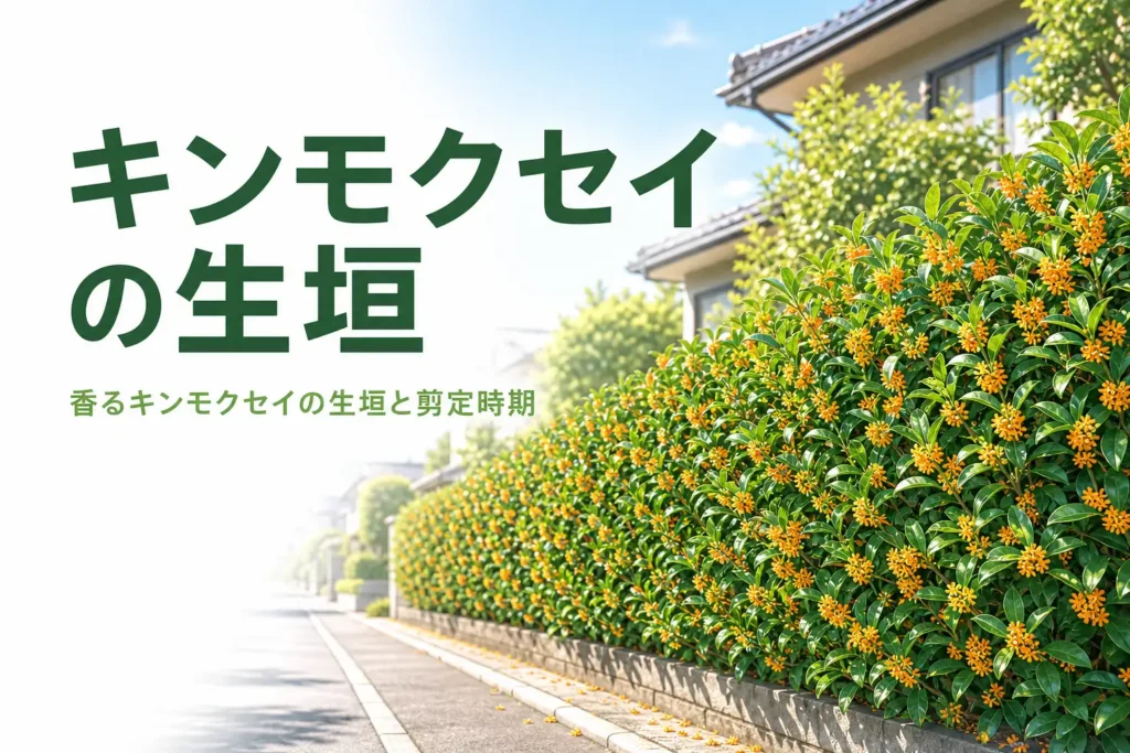 秋に香るキンモクセイの生垣の特徴と剪定時期を紹介する記事のアイキャッチ