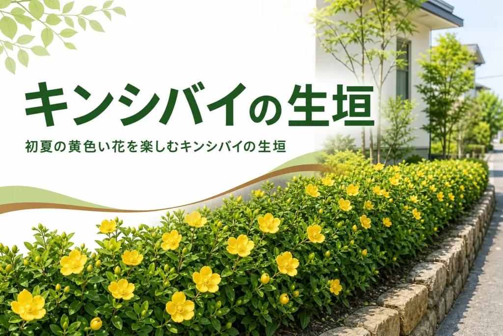 初夏に黄色い花が咲くキンシバイの生垣と、ヒペリカムとの違いを紹介する記事のアイキャッチ