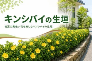 初夏に黄色い花が咲くキンシバイの生垣と、ヒペリカムとの違いを紹介する記事のアイキャッチ