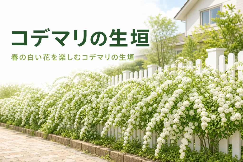 春に白い花が咲くコデマリの生垣と、冬に葉が落ちる時期の考え方を紹介する記事のアイキャッチ