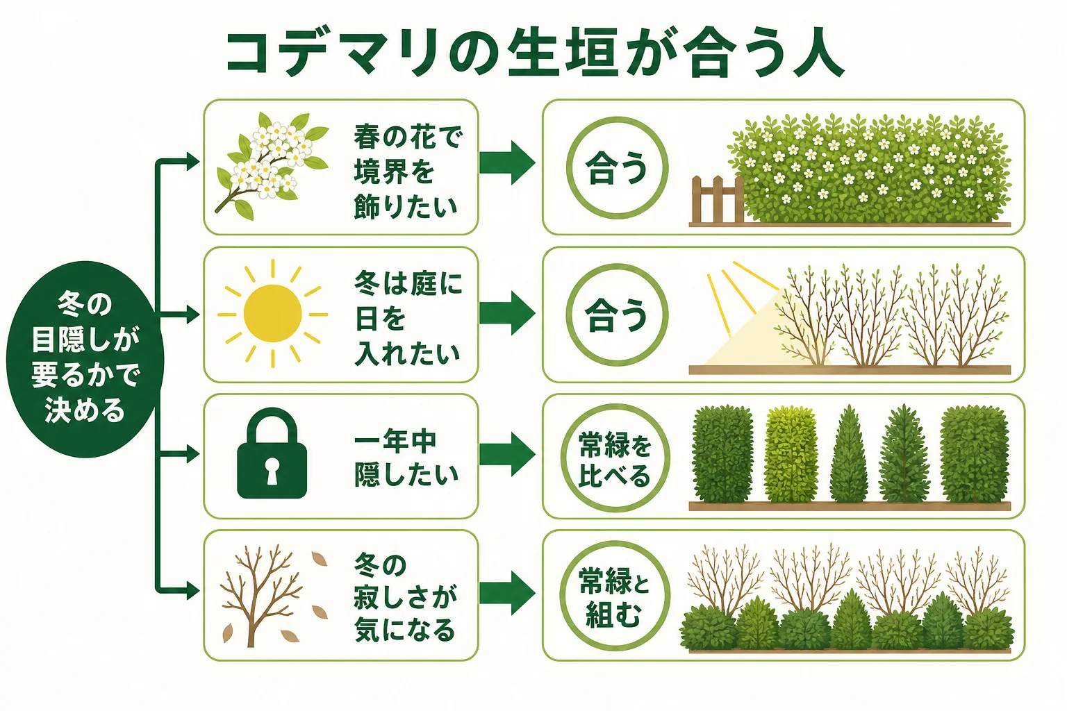 コデマリの生垣が合う人・合わない人を、冬の目隠しの要不要と春の花の楽しみで分けた図解