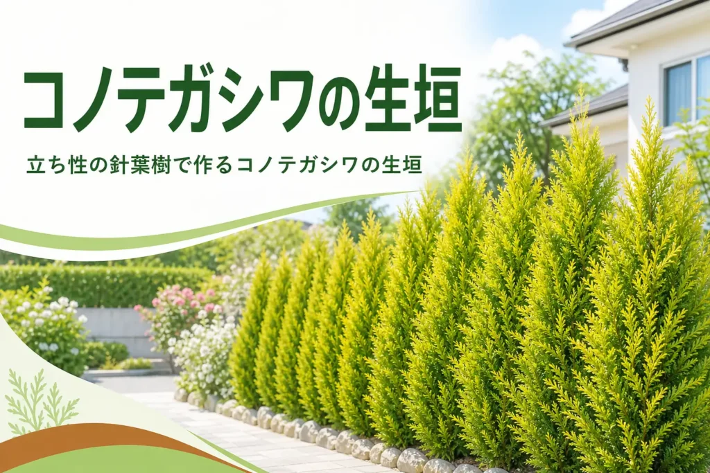 立ち性の針葉樹であるコノテガシワの生垣の特徴と、枯らさない切り方を紹介する記事のアイキャッチ
