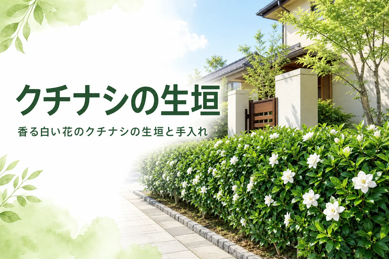 香る白い花のクチナシの生垣の特徴と手入れの注意点を解説する記事のアイキャッチ