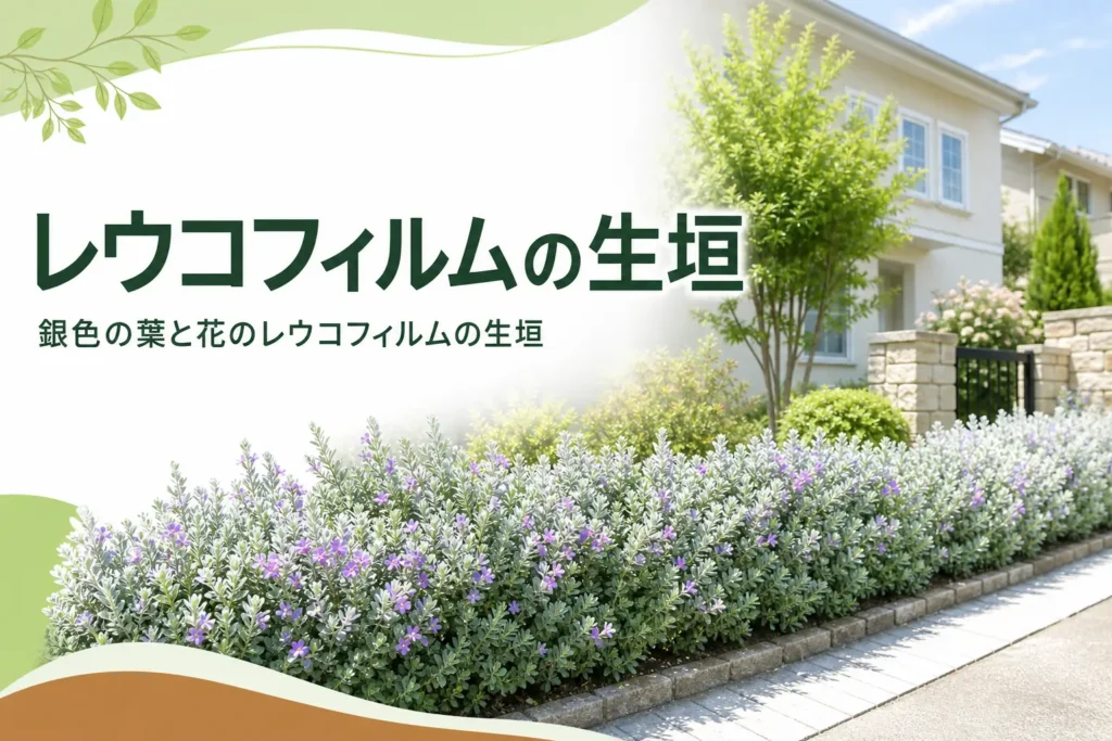 銀色の葉と紫の花が楽しめるレウコフィルムの生垣を解説する記事のアイキャッチ