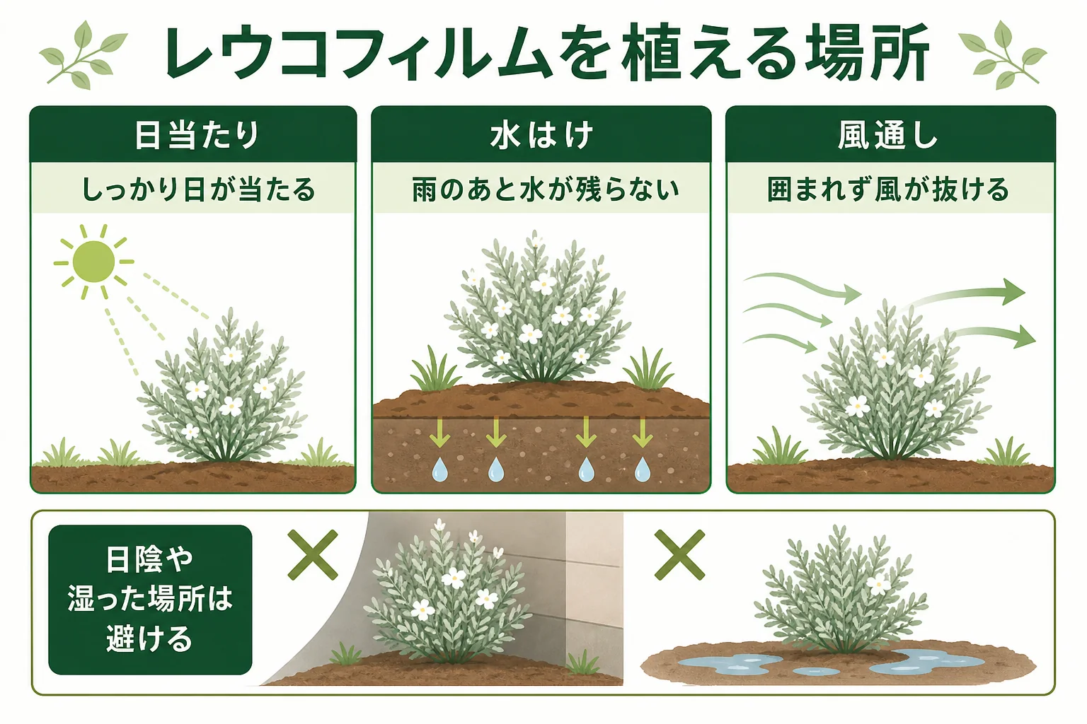 レウコフィルムを植える場所を、日当たり・水はけ・風通しの3つで見分けるチェックの図解