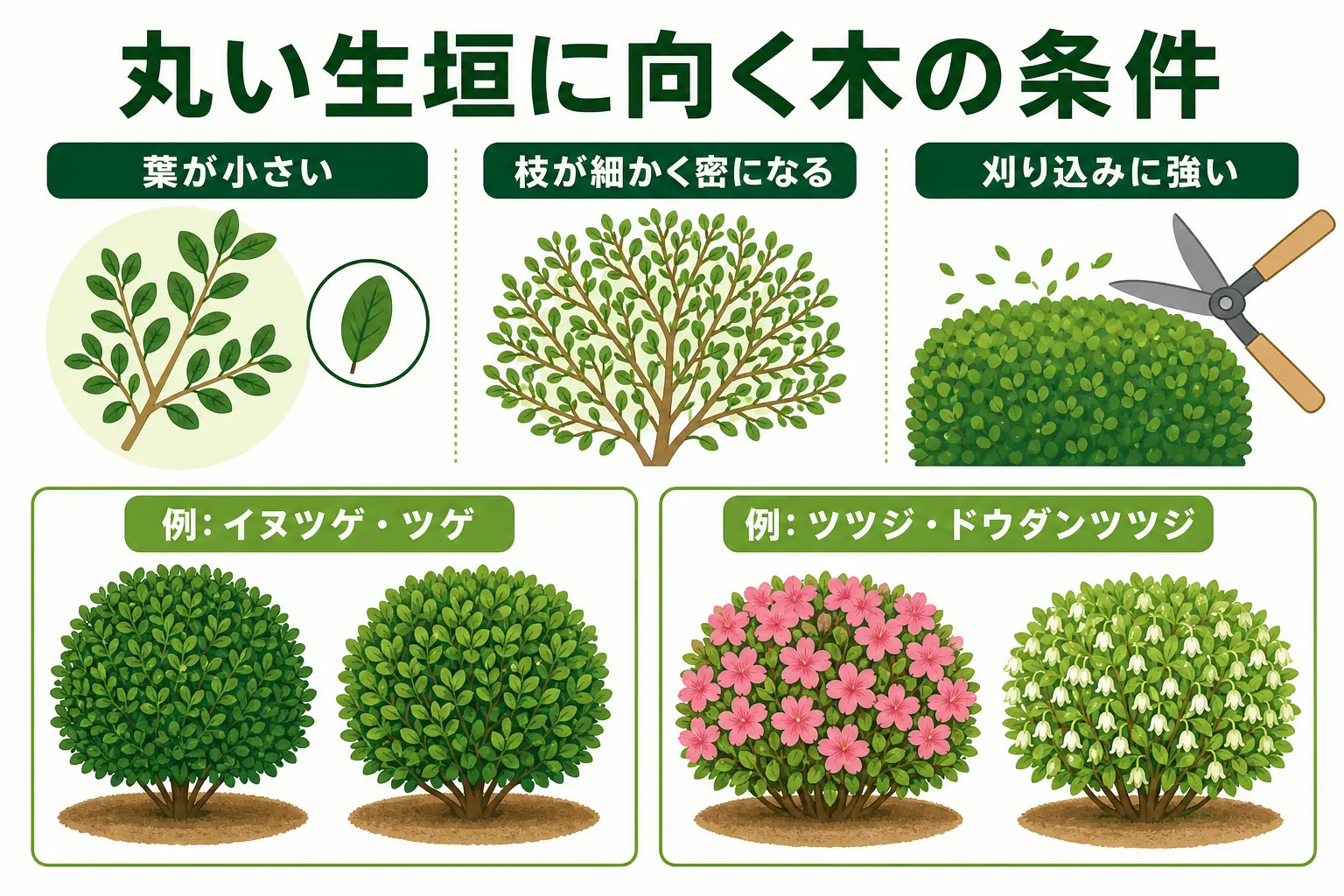 丸い生垣に向く木を、葉が小さい・枝が密・刈り込みに強いという3つの条件と、代表的な木の例で示した図解