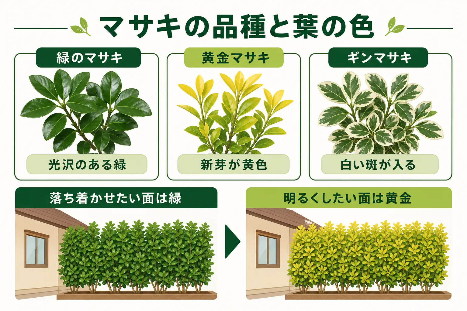 緑のマサキ、黄金マサキ、ギンマサキの葉の色の違いと、向く場所を比べた図解