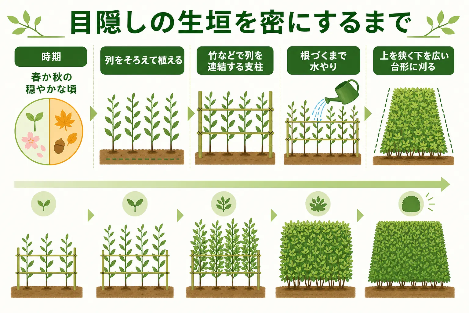 目隠しの生垣を植えてから密にするまでの流れを、植え付け・支柱・水やり・台形の刈り込みの順に示した図解