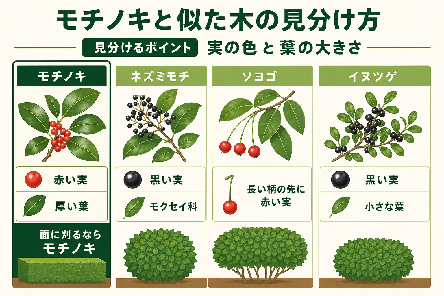 モチノキ・ネズミモチ・ソヨゴ・イヌツゲの仲間・実の色・葉の特徴・仕立て方を比べた図解