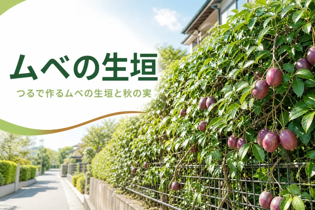 つるで作るムベの生垣と秋の実の楽しみ方を紹介する記事のアイキャッチ