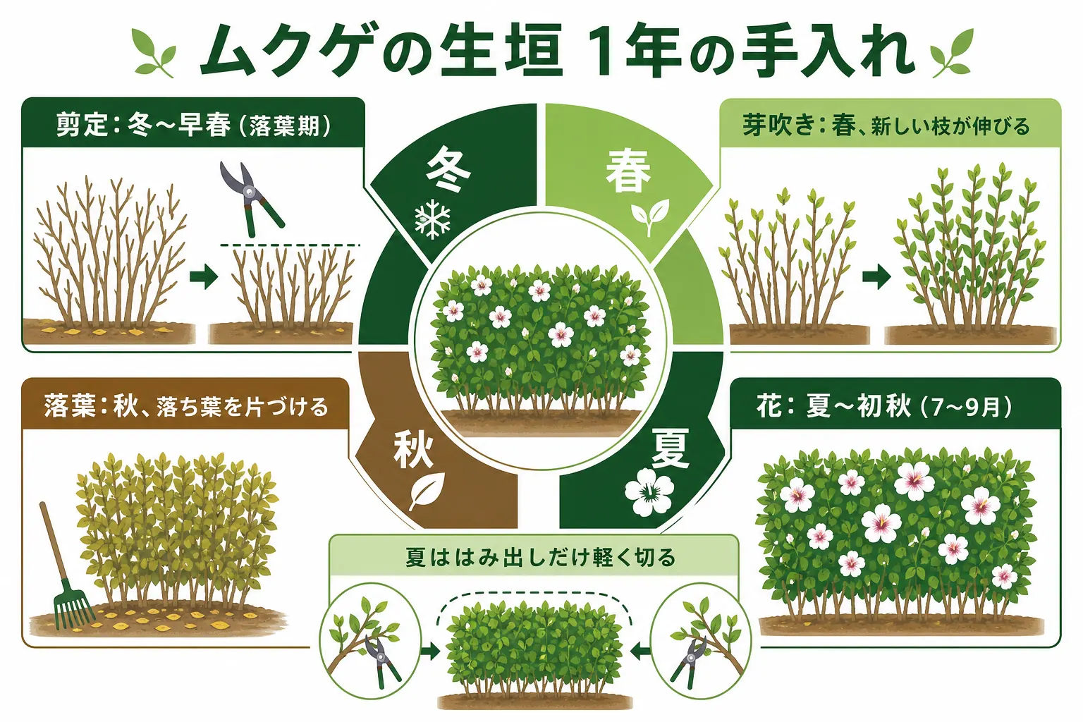 ムクゲの生垣の1年の手入れを、冬〜早春の剪定・春の芽吹き・夏〜初秋の花・秋の落葉の順に並べたカレンダーの図解