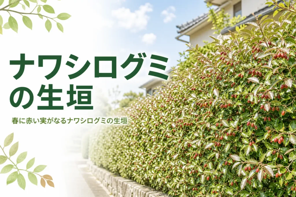 春に実がなる常緑樹ナワシログミの生垣の特徴と育て方を紹介する記事のアイキャッチ
