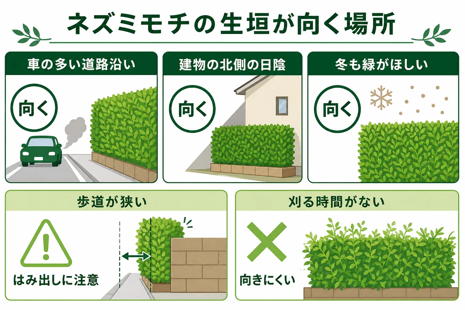ネズミモチの生垣が向く場所を、道路沿い・日陰・広さ・手入れの時間で見分ける図解