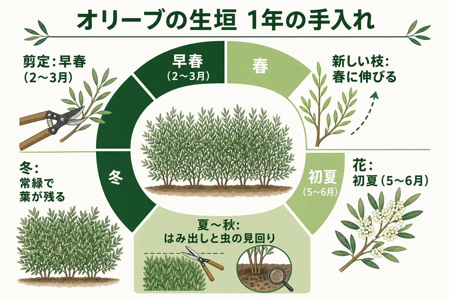 オリーブの生垣の1年の手入れを、早春の剪定・初夏の花・夏の見回り・秋冬の様子の順に並べたカレンダーの図解