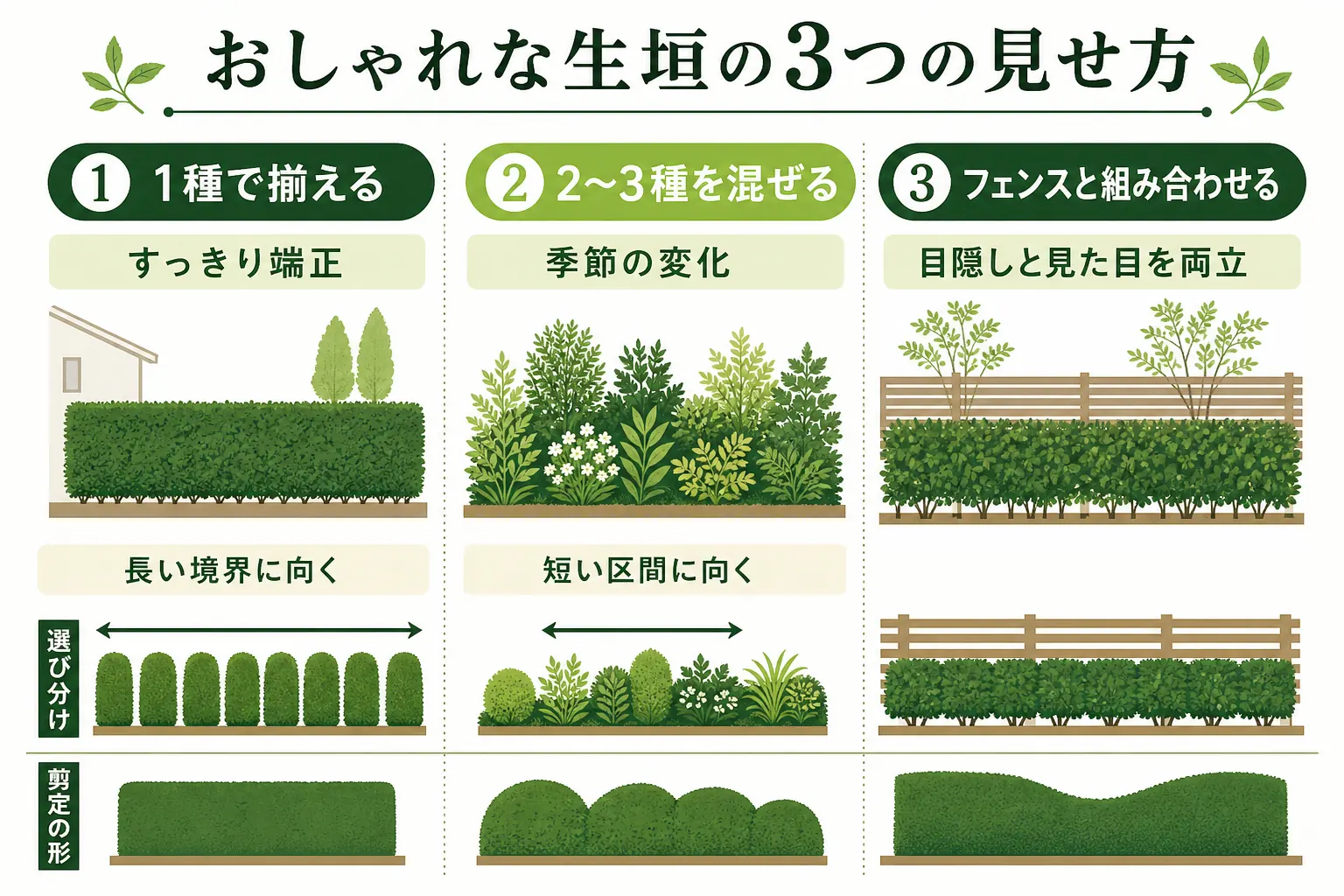 おしゃれな生垣を、1種で揃える・2〜3種を混ぜる・フェンスと組み合わせるの3パターンに分け、見え方と手入れの違いを示した図解