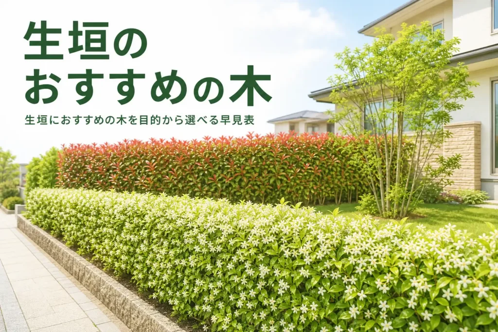 生垣におすすめの木を目的別に選ぶ方法を解説する記事のアイキャッチ