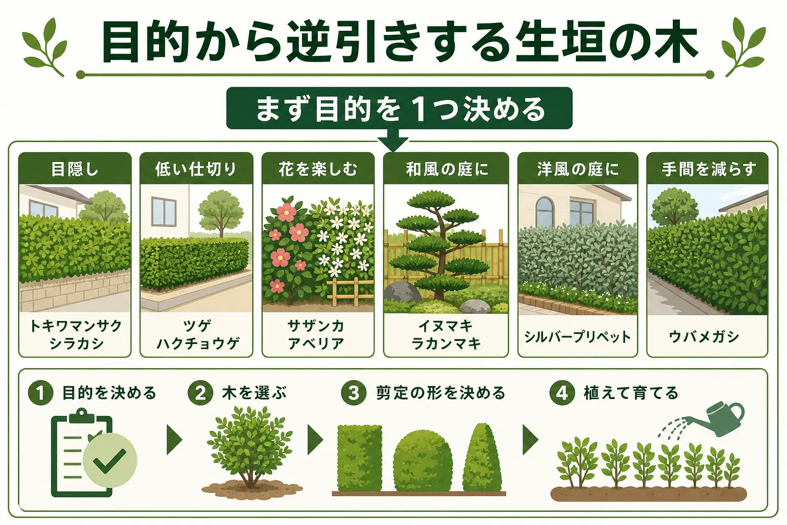 生垣の目的を目隠し・低い仕切り・花・和風・洋風・手間を減らすの6つに分け、それぞれに向く木を並べた早見表の図解
