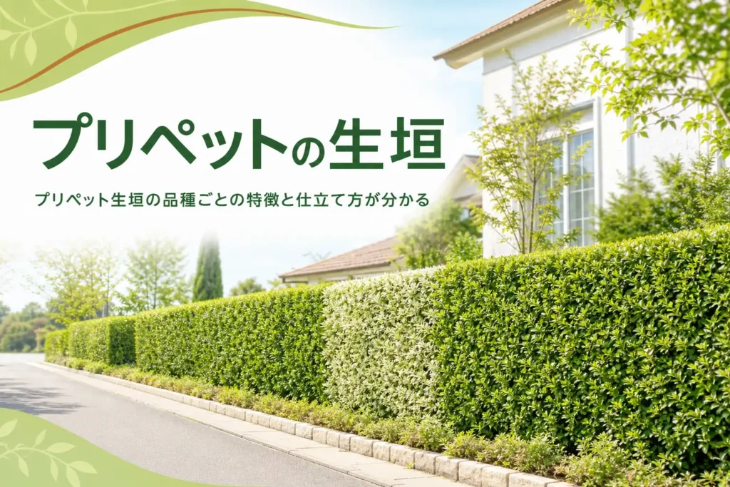 プリペットの生垣の品種ごとの特徴と、密に仕立てる手入れを解説する記事のアイキャッチ
