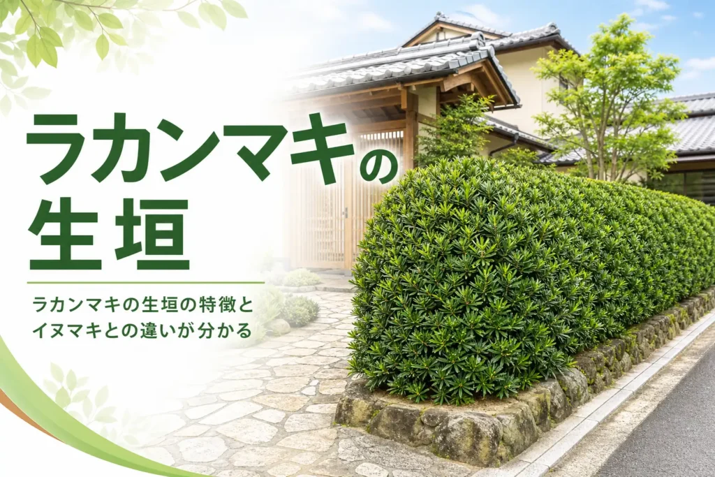 ラカンマキの生垣の特徴とイヌマキとの違い、育て方を解説する記事のアイキャッチ
