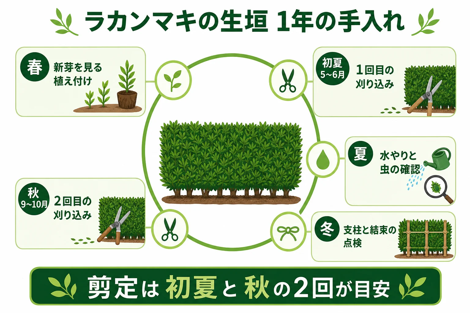 ラカンマキの生垣の1年の手入れを、春・初夏・夏・秋・冬に分けて示した年間カレンダーの図解