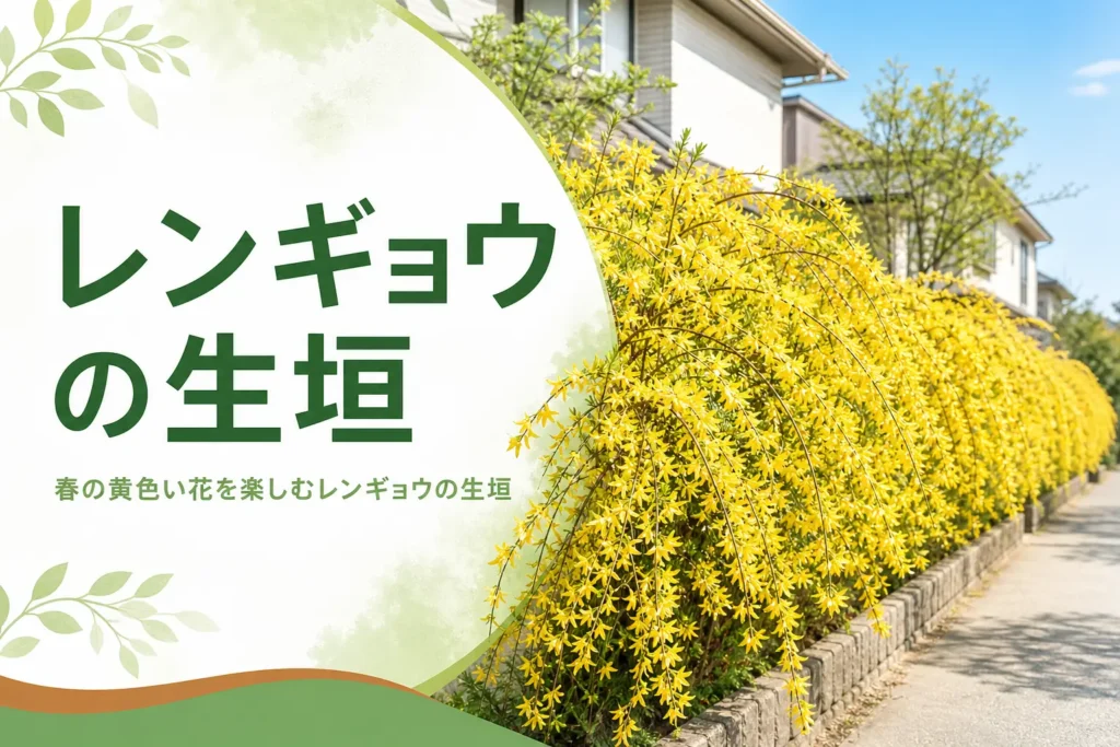 春の黄色い花と剪定時期のコツを解説するレンギョウの生垣の記事のアイキャッチ