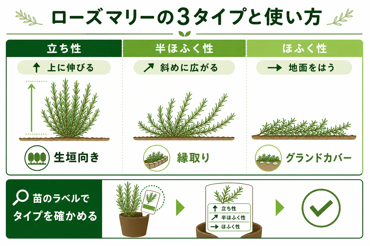 ローズマリーの立ち性・半ほふく性・ほふく性の3タイプを並べ、生垣・縁取り・グランドカバーのどれに向くかを示した図解