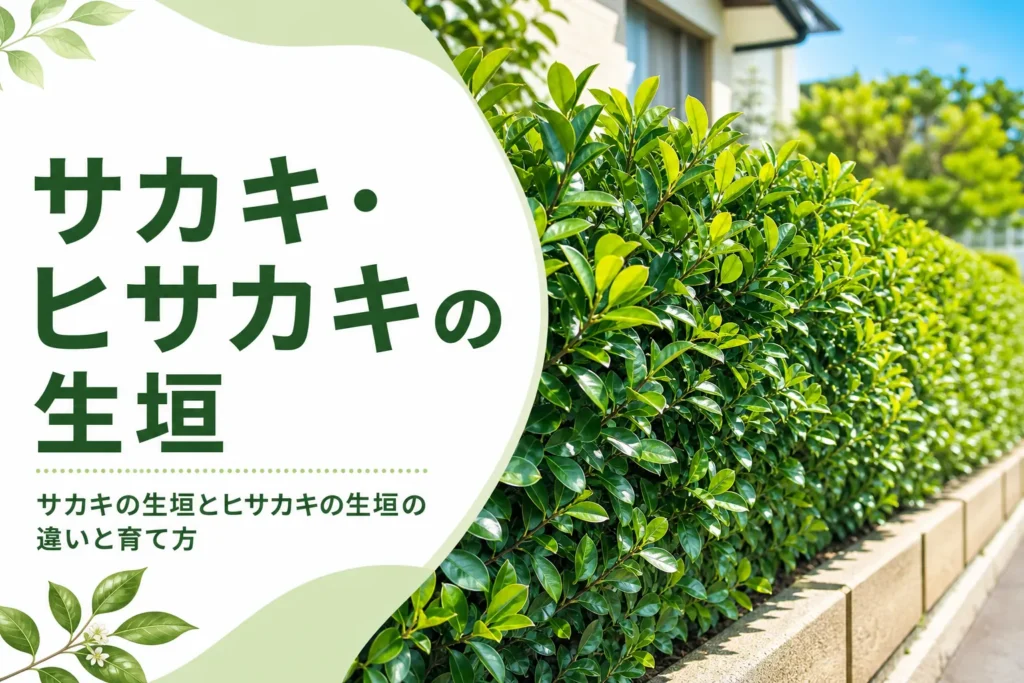 サカキの生垣とヒサカキの生垣の違いと育て方を解説する記事のアイキャッチ