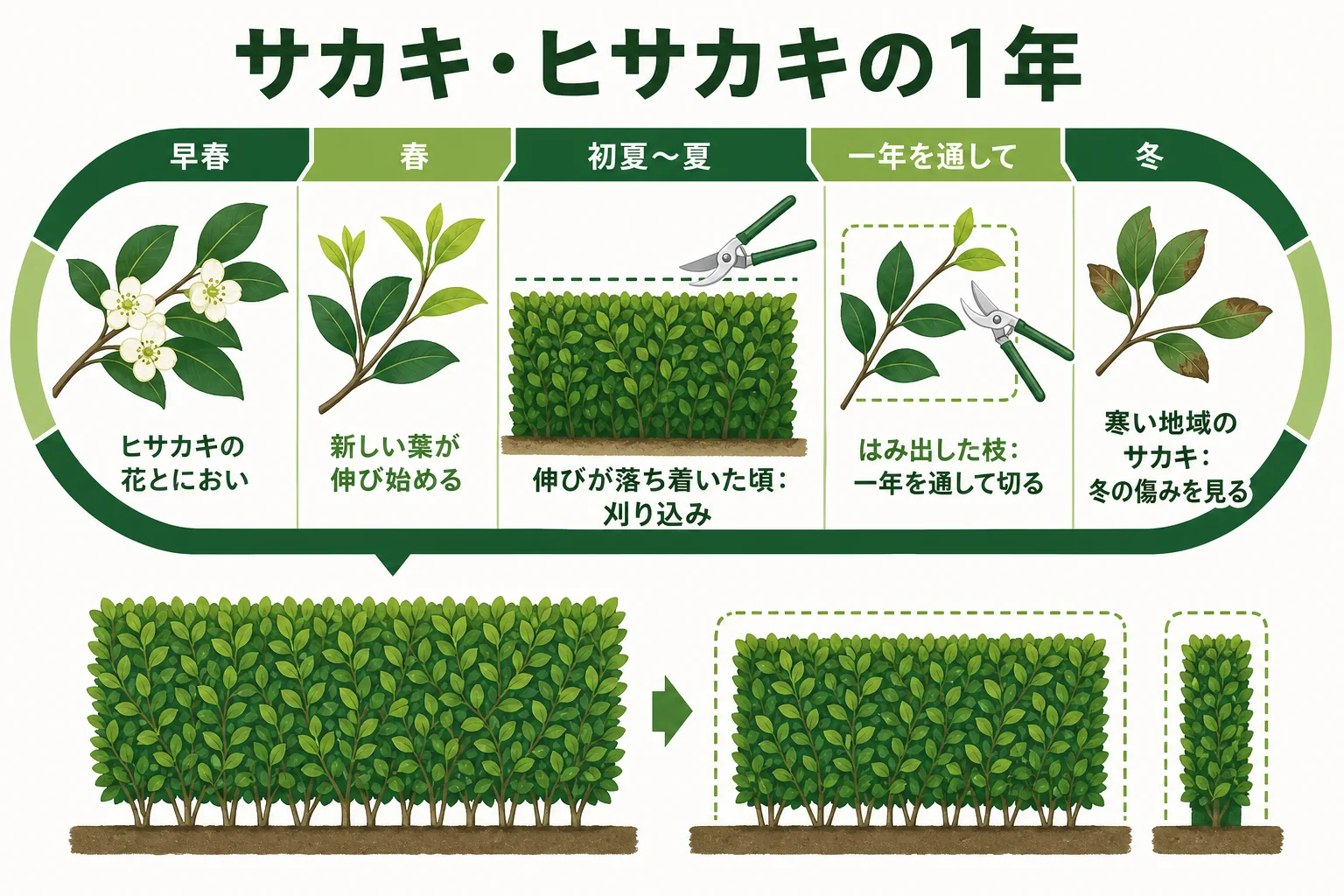 サカキ・ヒサカキの生垣の1年の手入れを、ヒサカキの花とにおい・新芽・刈り込み・冬の寒さの時期に分けて示したカレンダーの図解