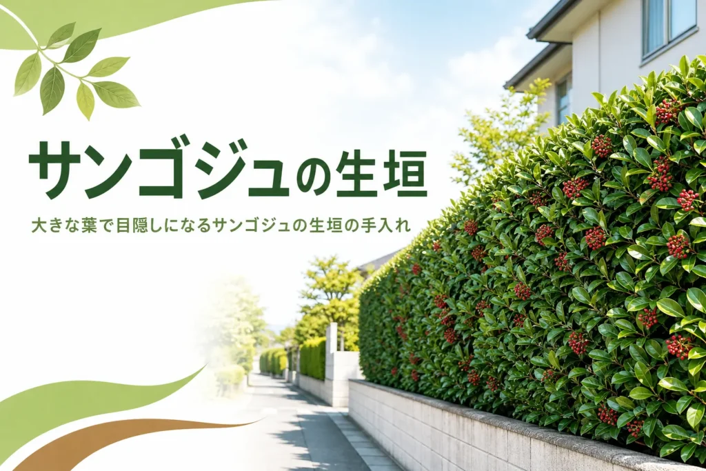 大きな葉で目隠しになるサンゴジュの生垣の特徴と手入れを解説する記事のアイキャッチ