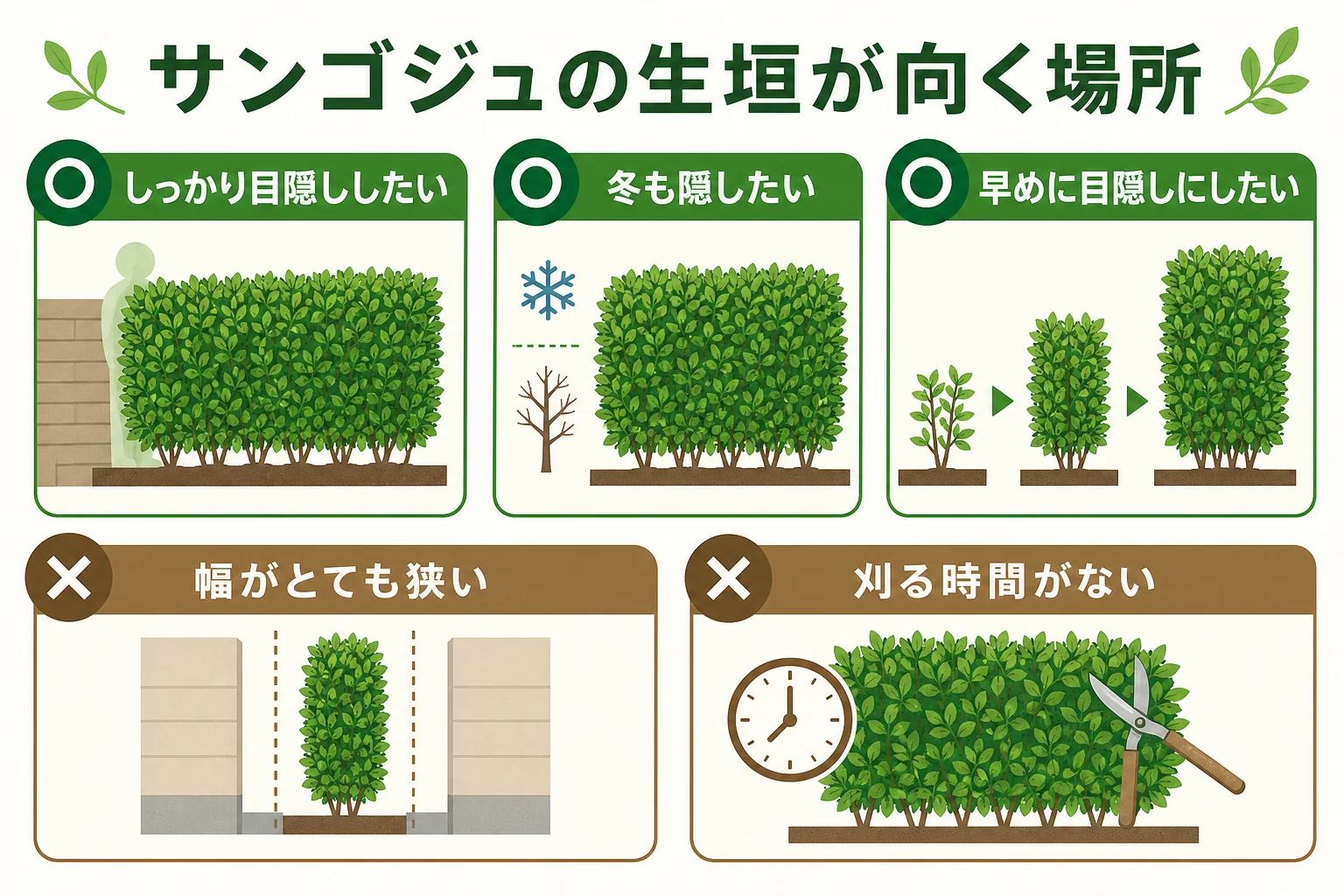 サンゴジュの生垣が向く場所と向かない場所を、目隠し・広さ・手入れの時間で見分ける図解