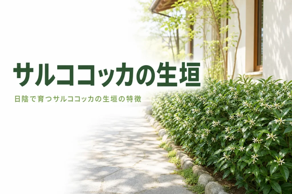 日陰で育つ低い常緑樹として、サルココッカの生垣の特徴を解説する記事のアイキャッチ