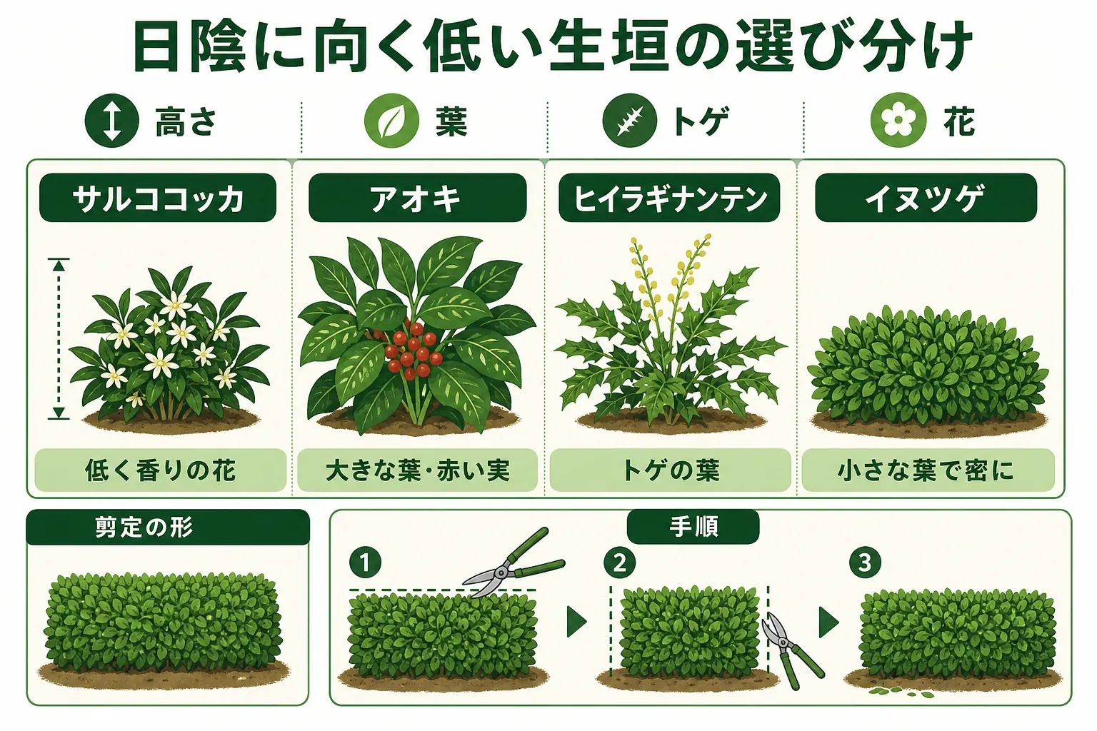日陰に向く低い生垣の木を、サルココッカ・アオキ・ヒイラギナンテン・イヌツゲの4つに分け、特徴と向く場所を示した図解