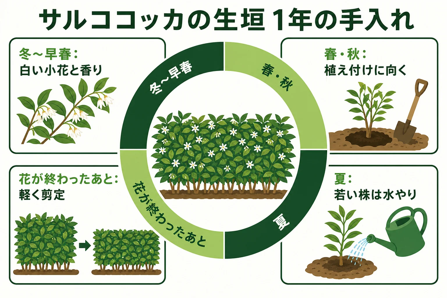 サルココッカの生垣の1年の手入れを、冬〜早春の花と香り・花後の軽い剪定・春〜秋の見回りの順に並べた図解