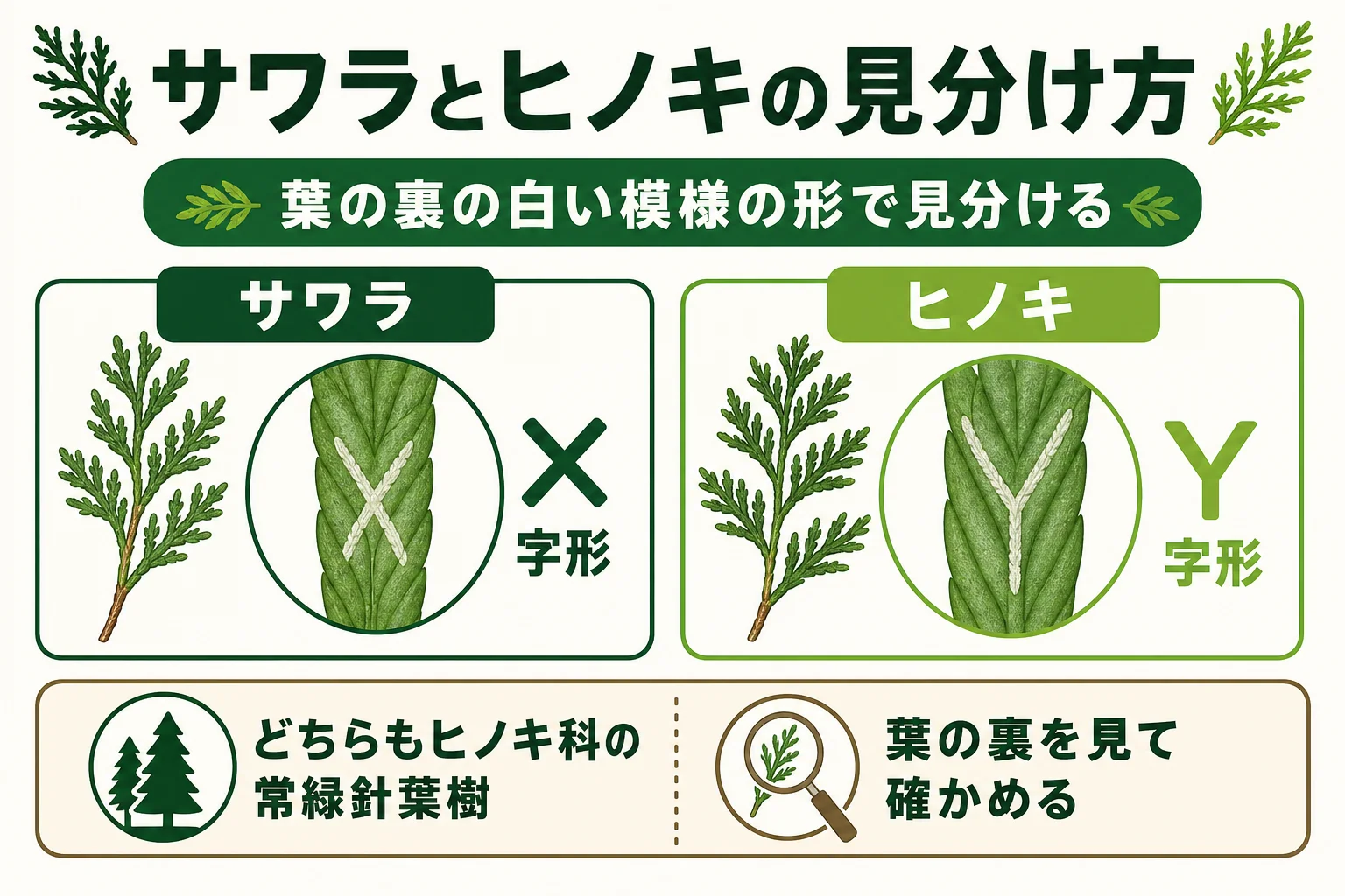 サワラとヒノキの葉の裏の白い模様の違いを、X字形とY字形で示した図解