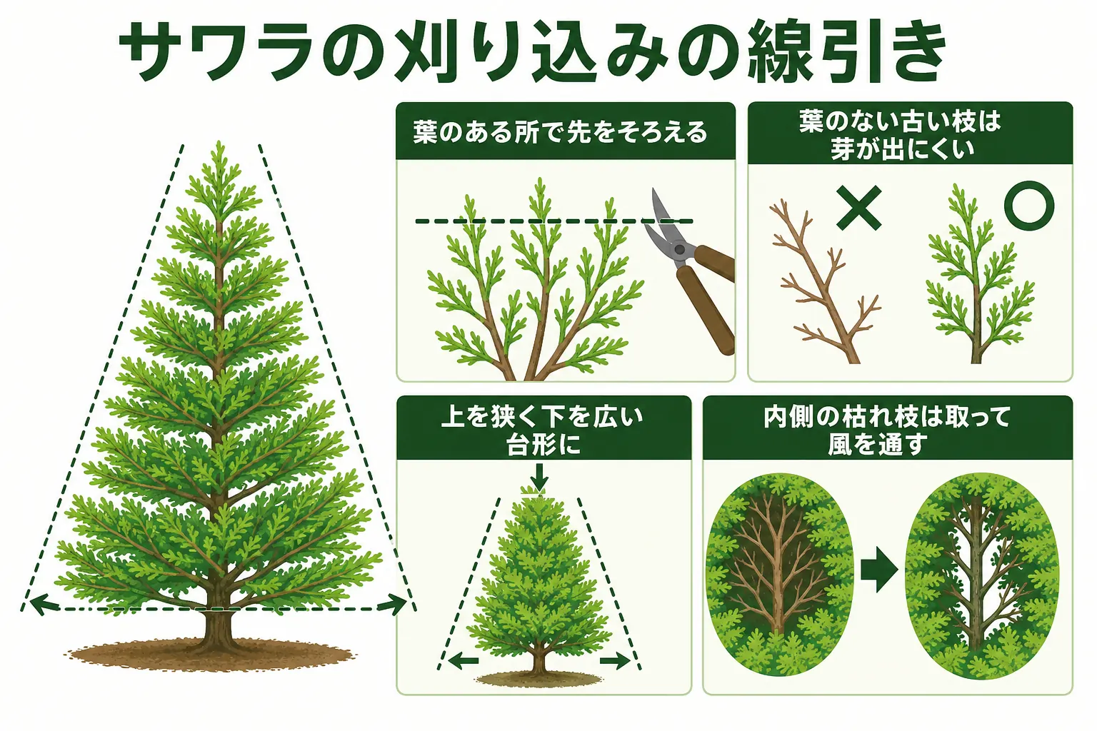 サワラの刈り込みで、葉のある部分で切ればよく、葉のない古い枝まで切ると芽が出にくいことを示した図解