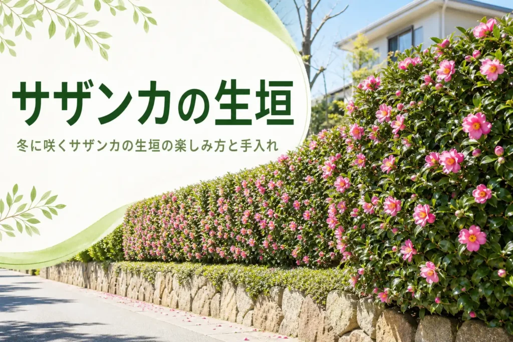 冬に花が咲くサザンカの生垣の楽しみ方と手入れの注意点を紹介する記事のアイキャッチ