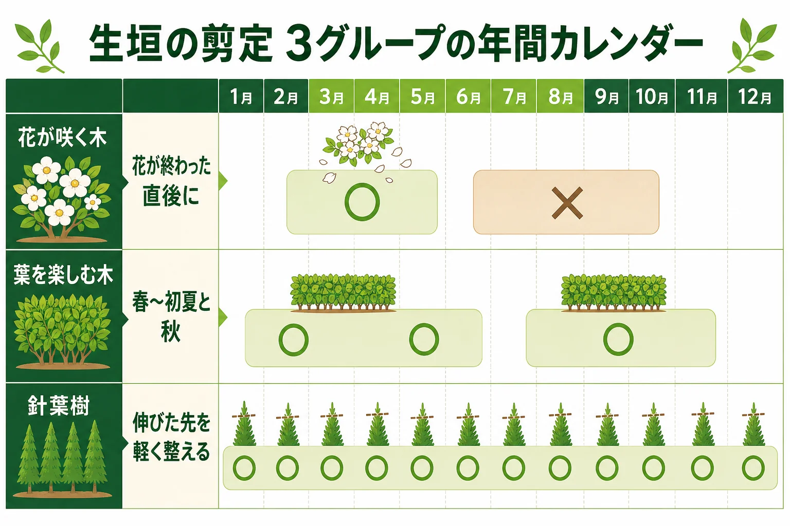 生垣の剪定時期を、花が咲く木・葉を楽しむ木・針葉樹の3グループに分けて1年の流れで示した年間カレンダーの図解