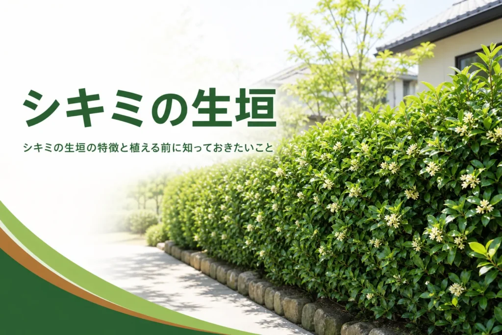 シキミの生垣の特徴と植える前に知っておきたいことを解説する記事のアイキャッチ