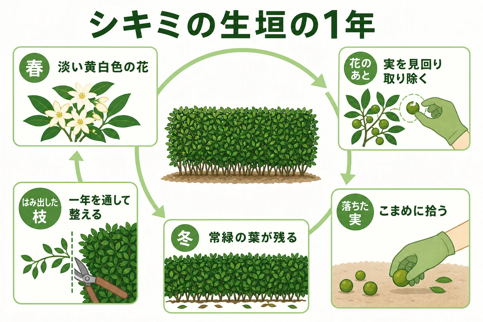 シキミの生垣の1年の手入れを、春の花・花のあとの実の見回りと片付け・枝の手入れ・冬の常緑の時期に分けて示したカレンダーの図解