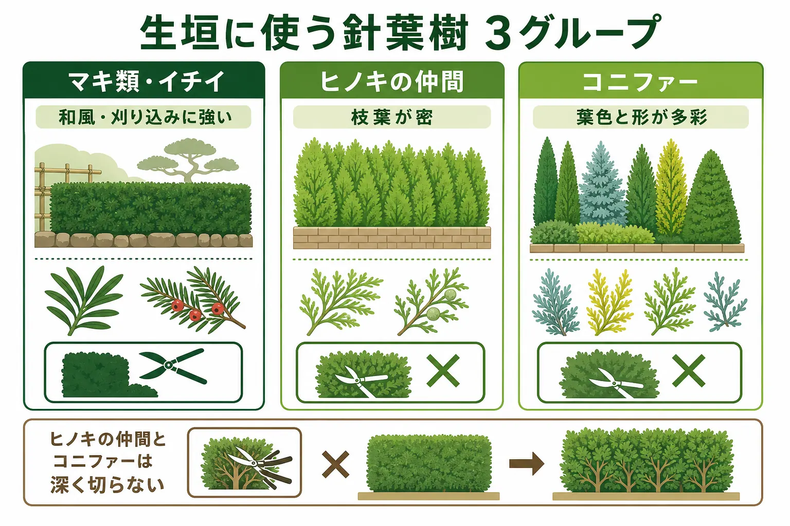 生垣に使われる針葉樹を、マキ類・イチイ、ヒノキの仲間、コニファーの3グループに分け、雰囲気と手入れの違いを示した図解