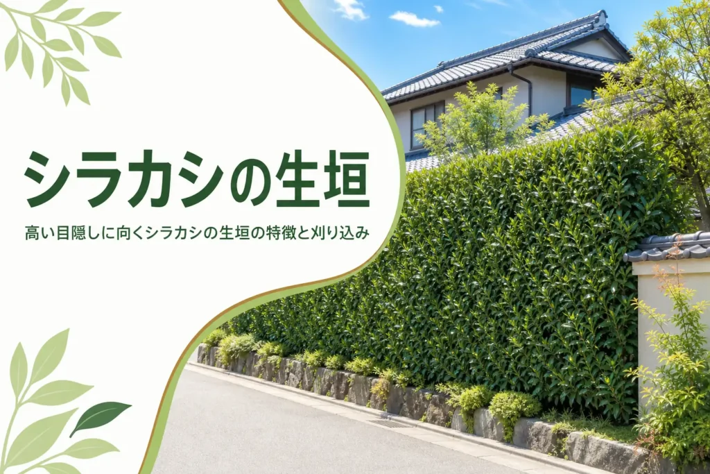 高い目隠しに向くシラカシの生垣の特徴と刈り込みを解説する記事のアイキャッチ