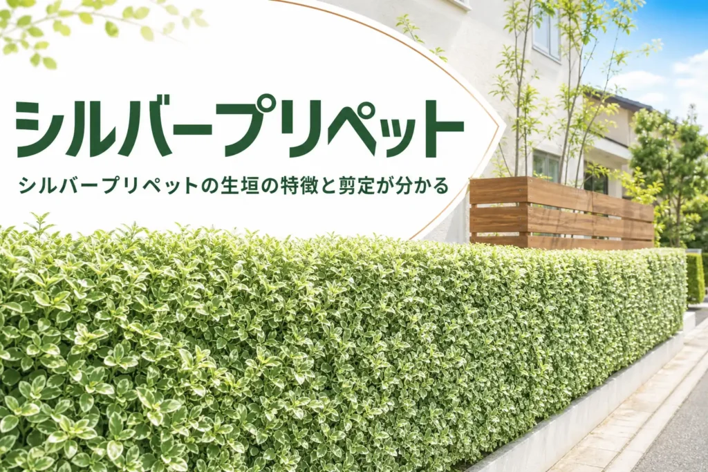シルバープリペットの生垣の特徴と、明るい斑を保つ剪定を解説する記事のアイキャッチ