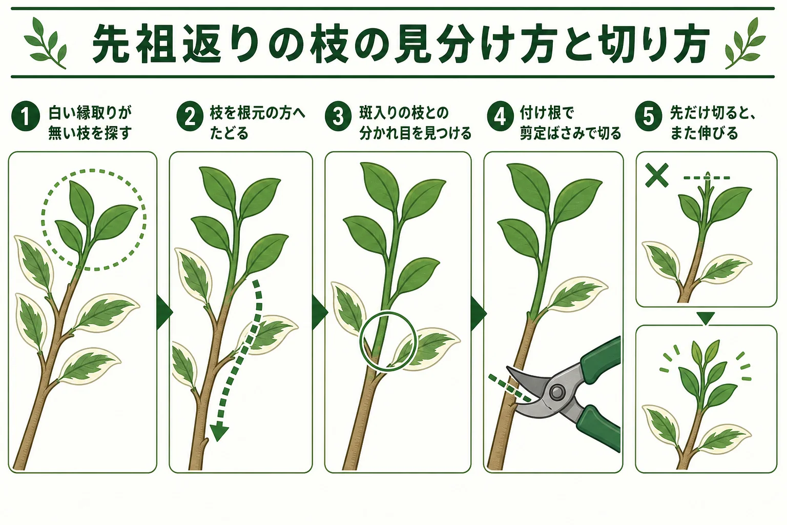 シルバープリペットの先祖返りの枝の見分け方と、付け根から切る手入れの流れを示した図解