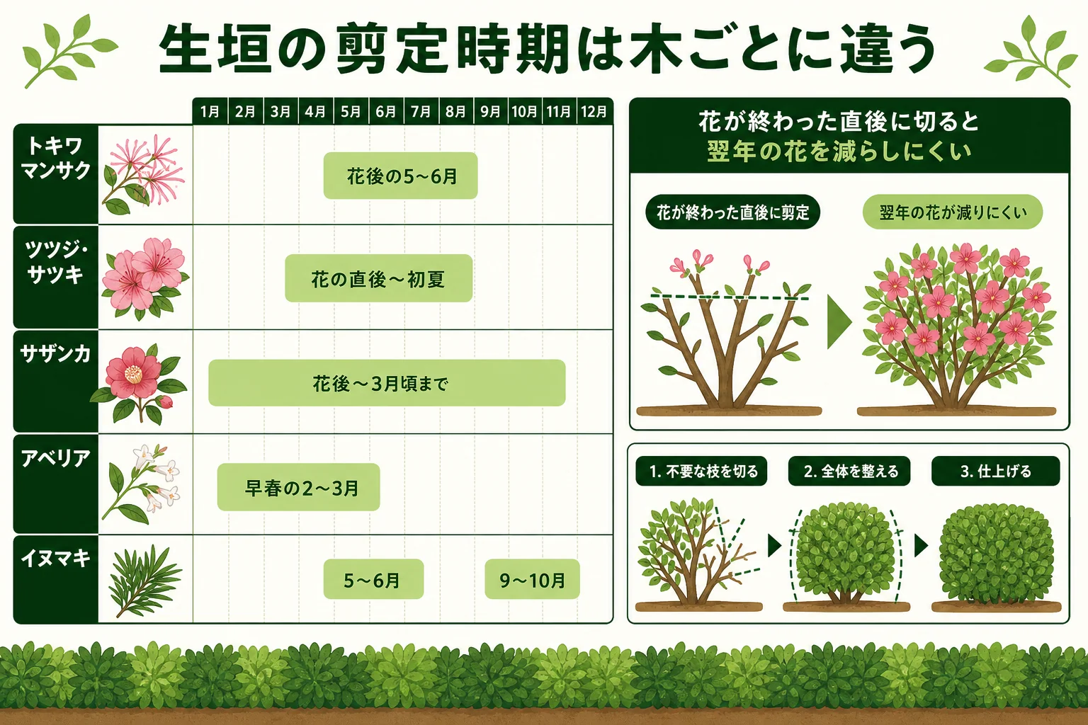 樹種ごとに違う生垣の剪定時期の目安をまとめた図解