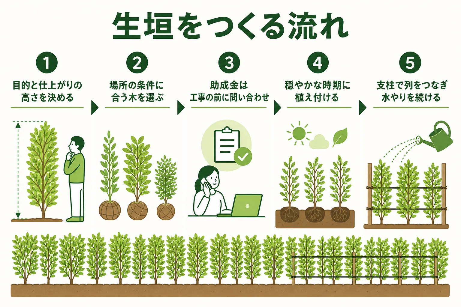 目的決めから植え付け後の水やりまで、生垣をつくる流れをまとめた図解