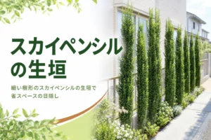 細い樹形で作る省スペースの目隠しとして、スカイペンシルの生垣を解説する記事のアイキャッチ