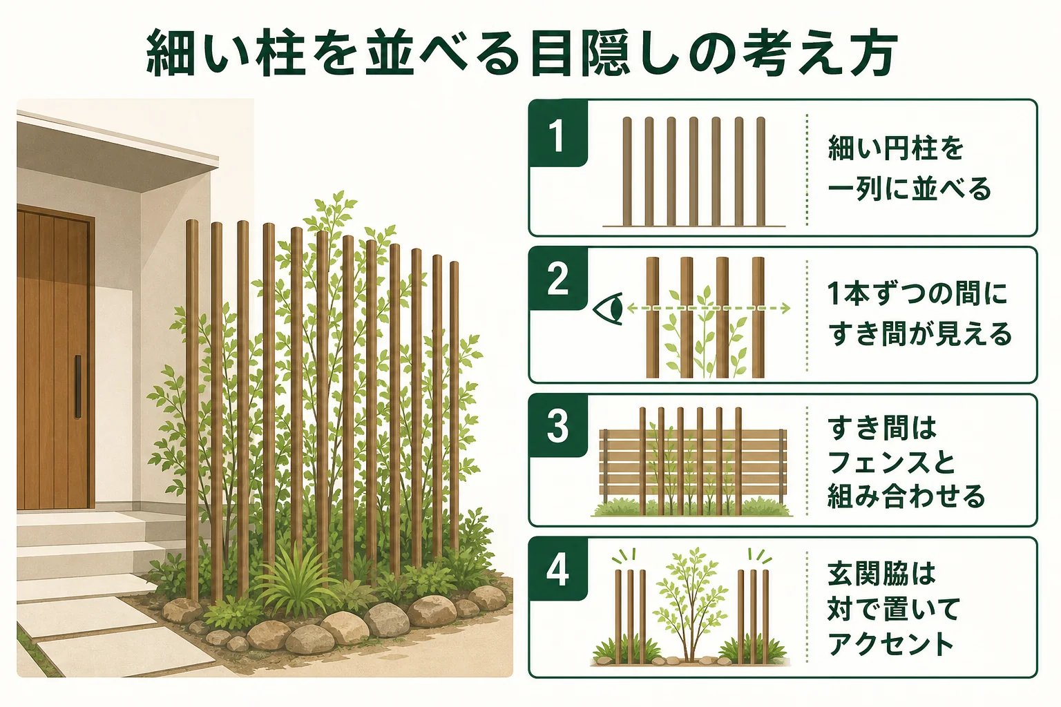 スカイペンシルの生垣を、柱を並べる考え方で、すき間の見え方と組み合わせ方を示した図解