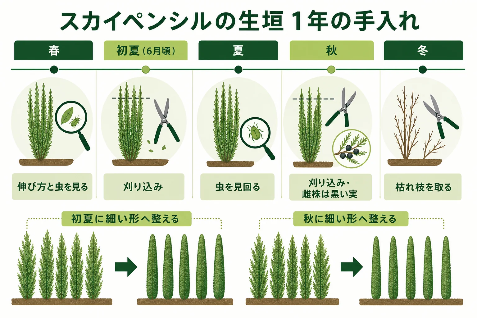 スカイペンシルの生垣の1年の手入れを、初夏の剪定・夏の虫の見回り・秋の剪定と実の順に並べたカレンダーの図解