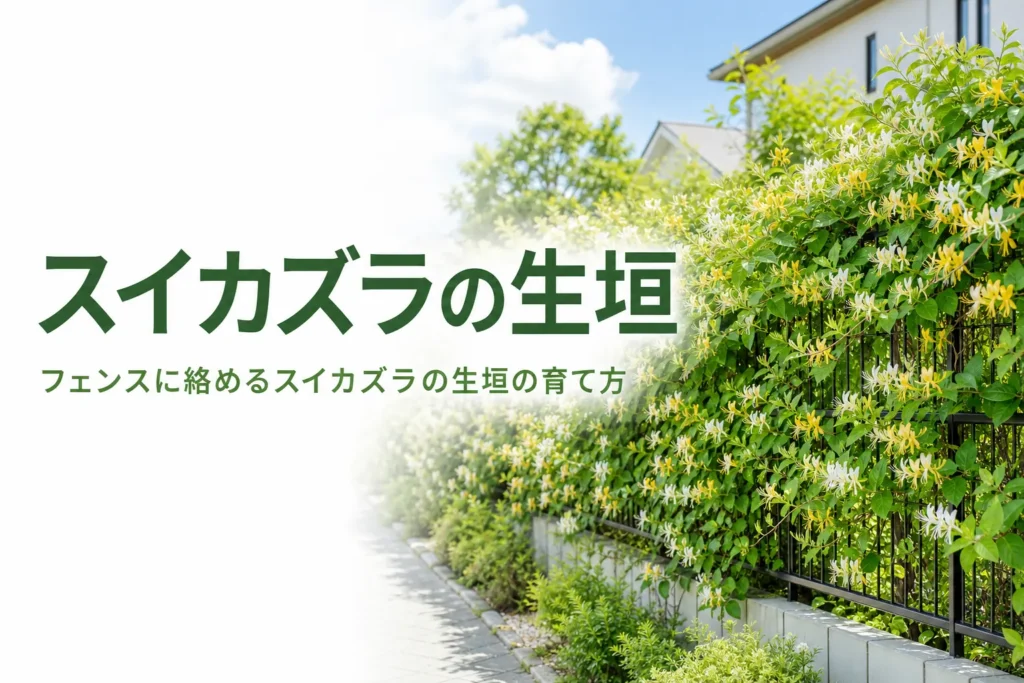 フェンスに絡めて香りの花を楽しむスイカズラの生垣の育て方を解説する記事のアイキャッチ