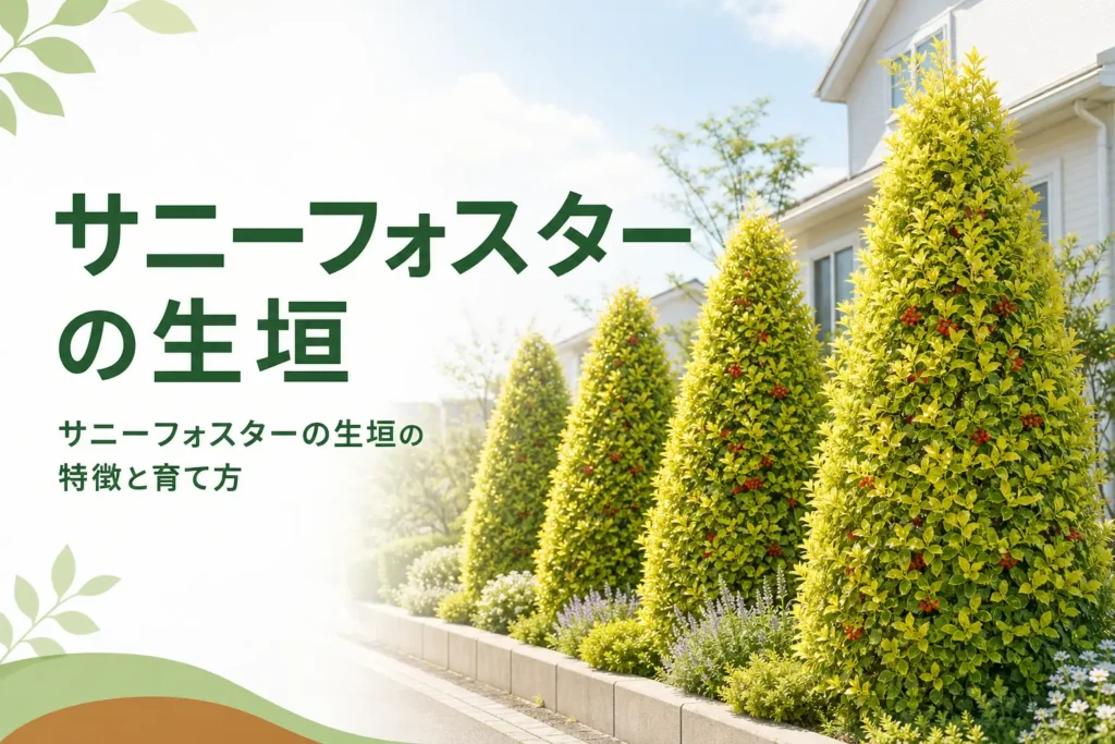 サニーフォスターの生垣の特徴と育て方を解説する記事のアイキャッチ
